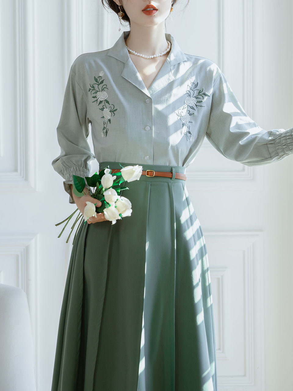2PS Green V Neck Long Sleeve Shirt And Swing Skirt 1950S Dresss Set