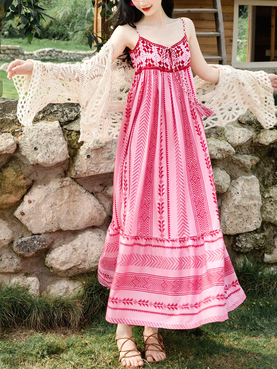 2PS Pink Spaghetti Strap Tropical Pattern Holiday Dress With White Long Sleeve Cardigan