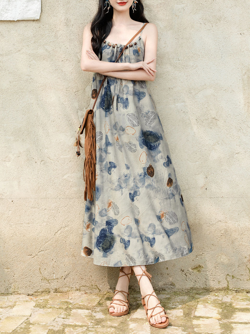 2PS Blue Spaghetti Strap Tropical Pattern Holiday Dress With White Long Sleeve Cardigan