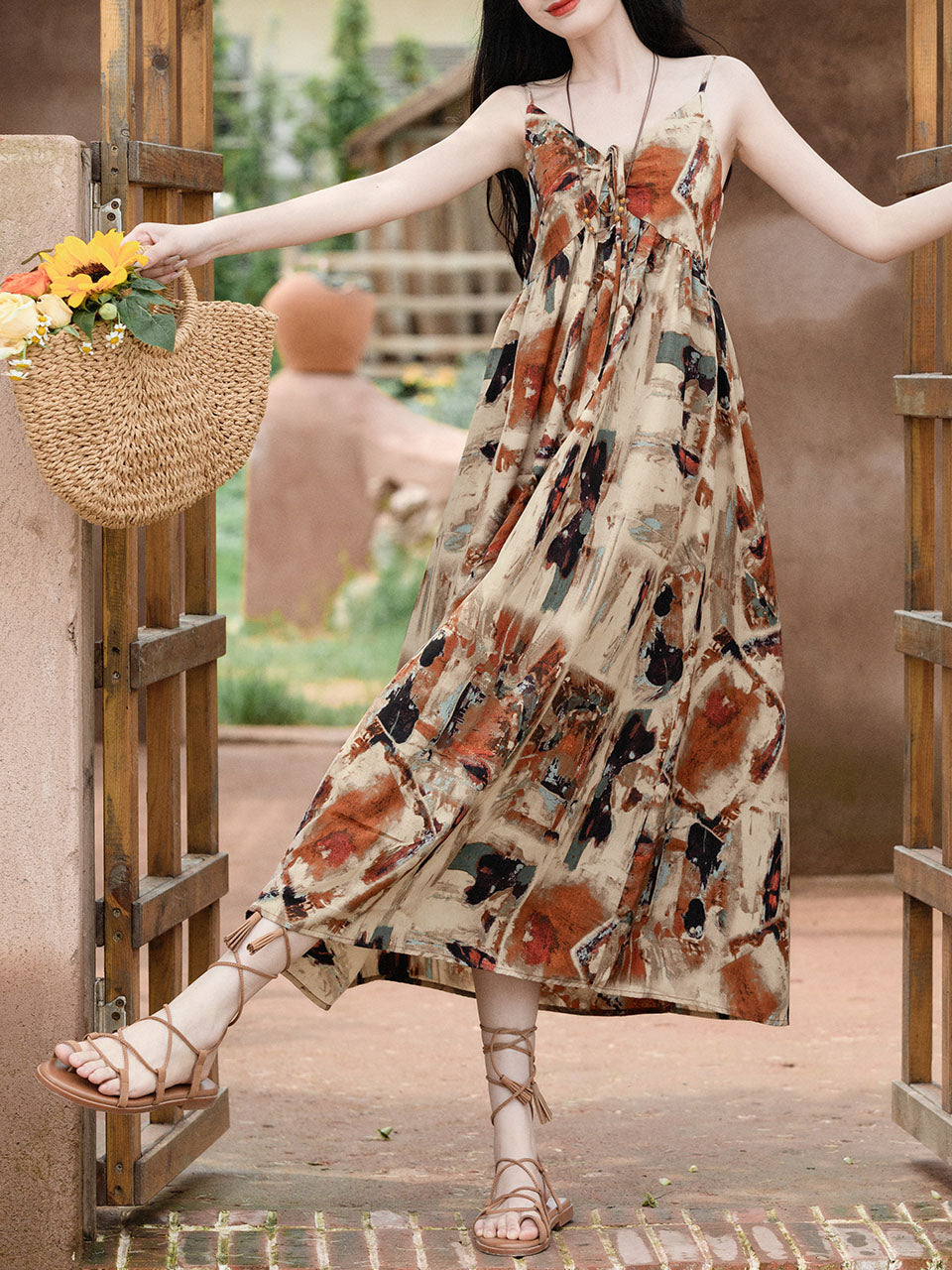 2PS Brown Spaghetti Strap Tropical Pattern Holiday Dress With White Long Sleeve Cardigan