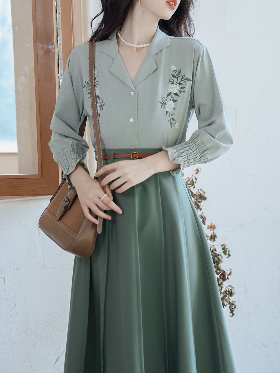 2PS Green V Neck Long Sleeve Shirt And Swing Skirt 1950S Dresss Set