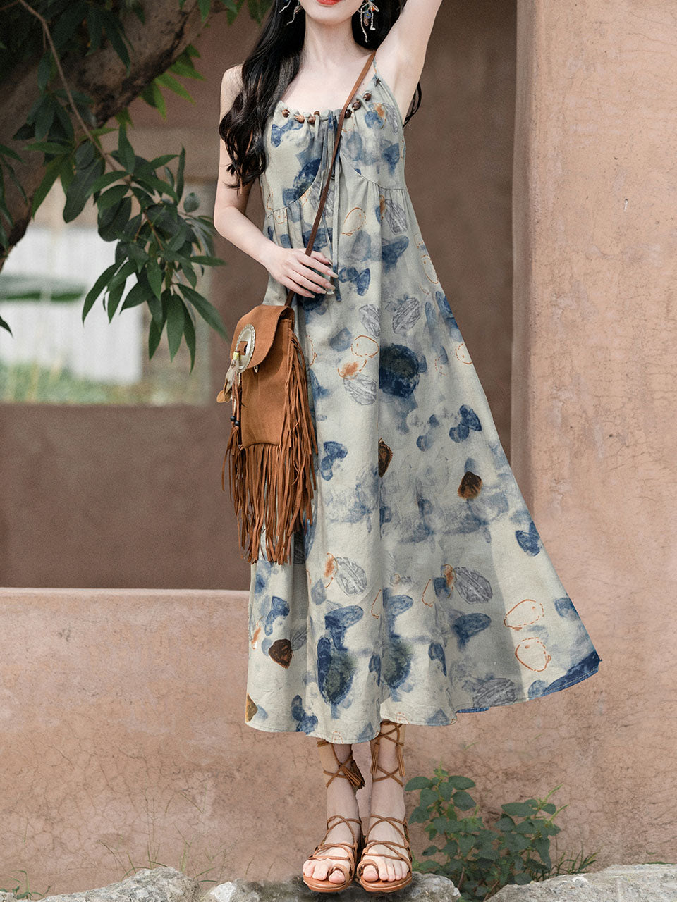 2PS Blue Spaghetti Strap Tropical Pattern Holiday Dress With White Long Sleeve Cardigan
