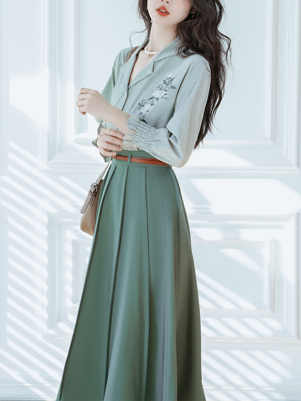 2PS Green V Neck Long Sleeve Shirt And Swing Skirt 1950S Dresss Set