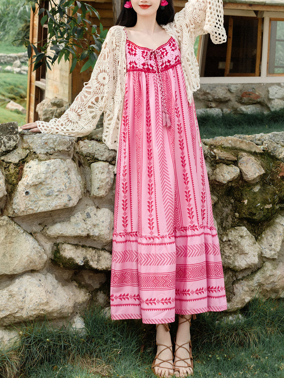 2PS Pink Spaghetti Strap Tropical Pattern Holiday Dress With White Long Sleeve Cardigan