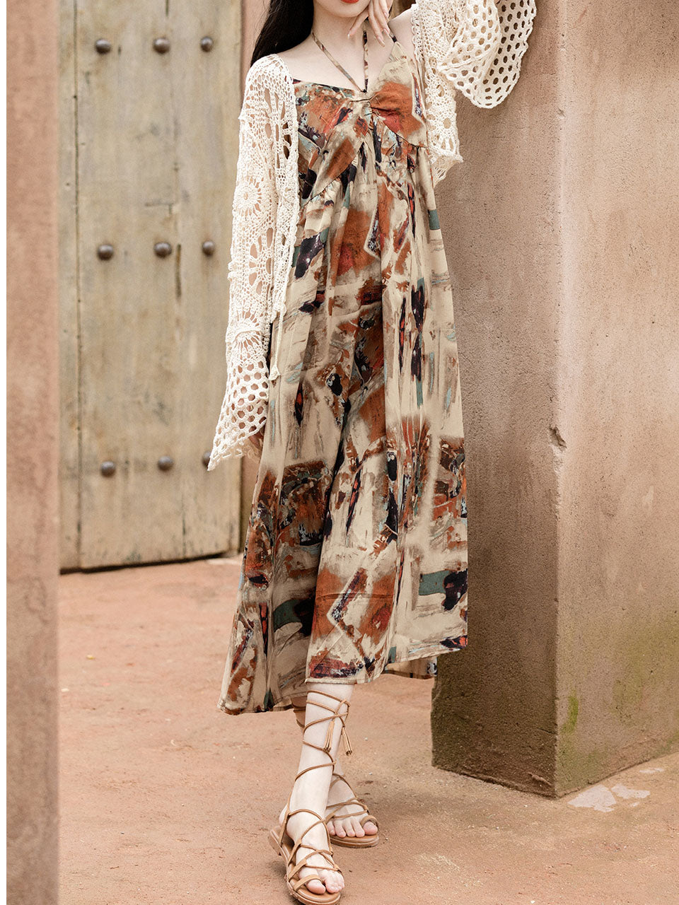 2PS Brown Spaghetti Strap Tropical Pattern Holiday Dress With White Long Sleeve Cardigan