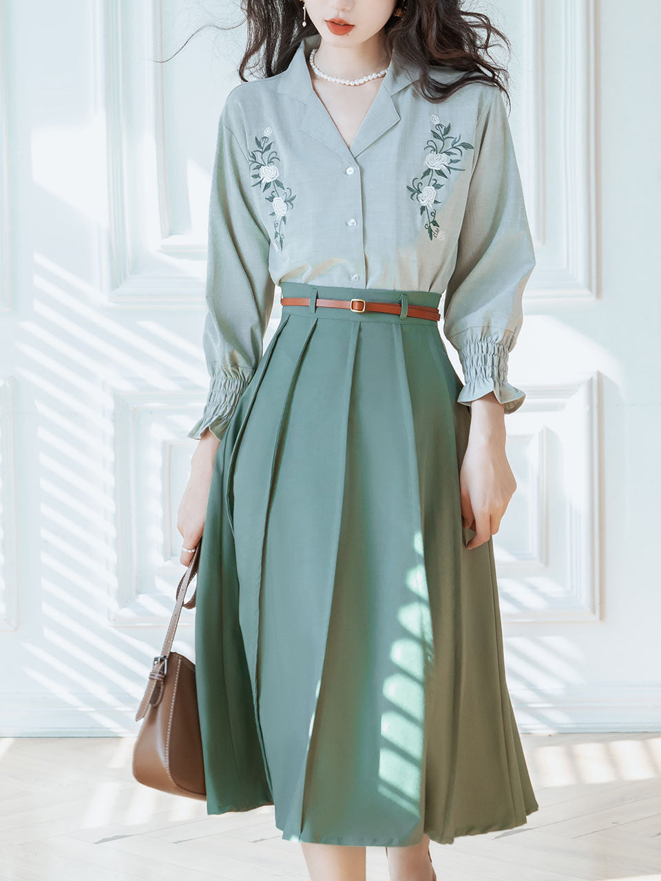 2PS Green V Neck Long Sleeve Shirt And Swing Skirt 1950S Dresss Set