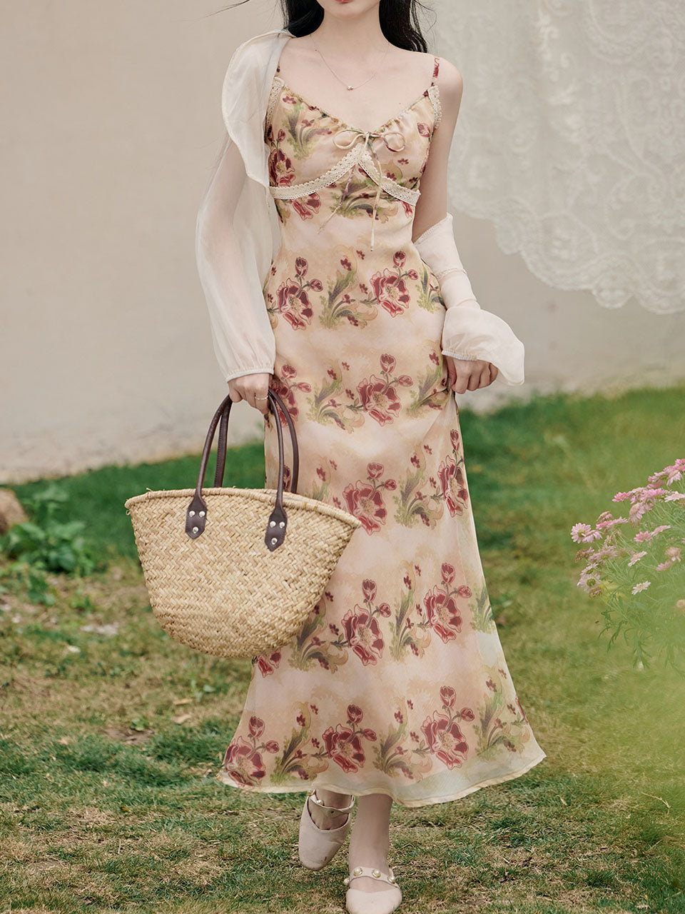 2PS Brown Spaghetti Strap Tropical Pattern Holiday Dress With White Long Sleeve Cardigan
