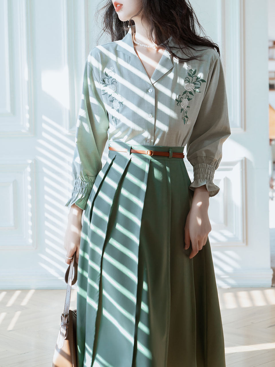 2PS Green V Neck Long Sleeve Shirt And Swing Skirt 1950S Dresss Set