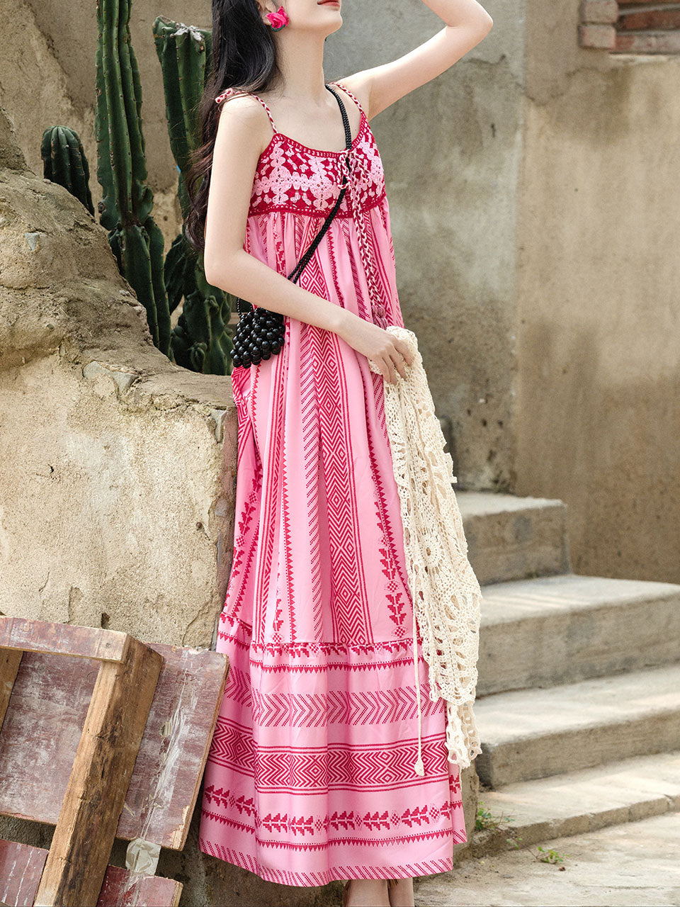 2PS Pink Spaghetti Strap Tropical Pattern Holiday Dress With White Long Sleeve Cardigan