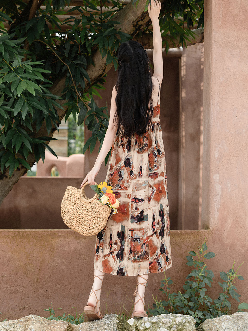 2PS Brown Spaghetti Strap Tropical Pattern Holiday Dress With White Long Sleeve Cardigan