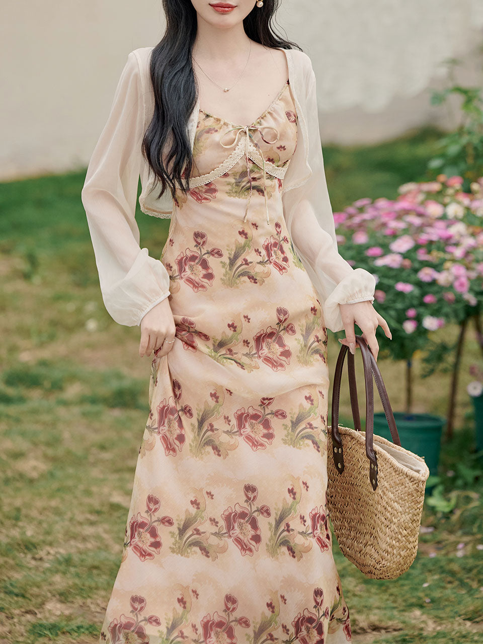 2PS Brown Spaghetti Strap Tropical Pattern Holiday Dress With White Long Sleeve Cardigan