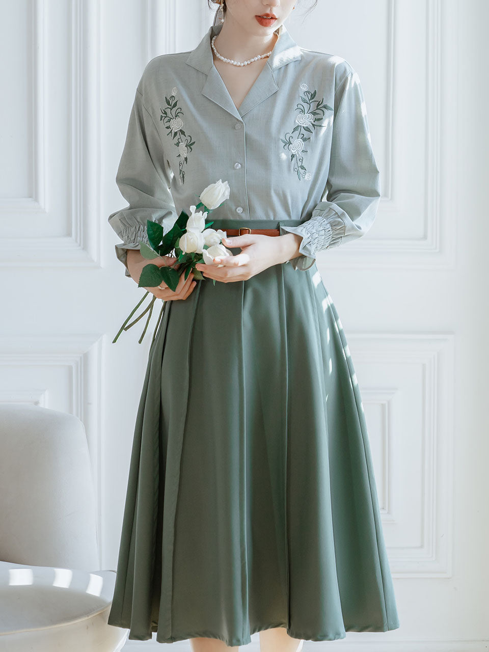 2PS Green V Neck Long Sleeve Shirt And Swing Skirt 1950S Dresss Set