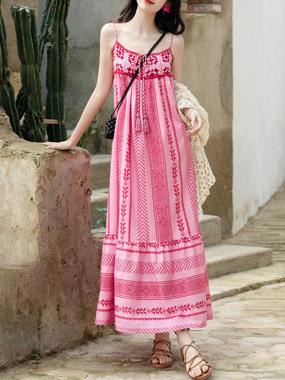 2PS Pink Spaghetti Strap Tropical Pattern Holiday Dress With White Long Sleeve Cardigan