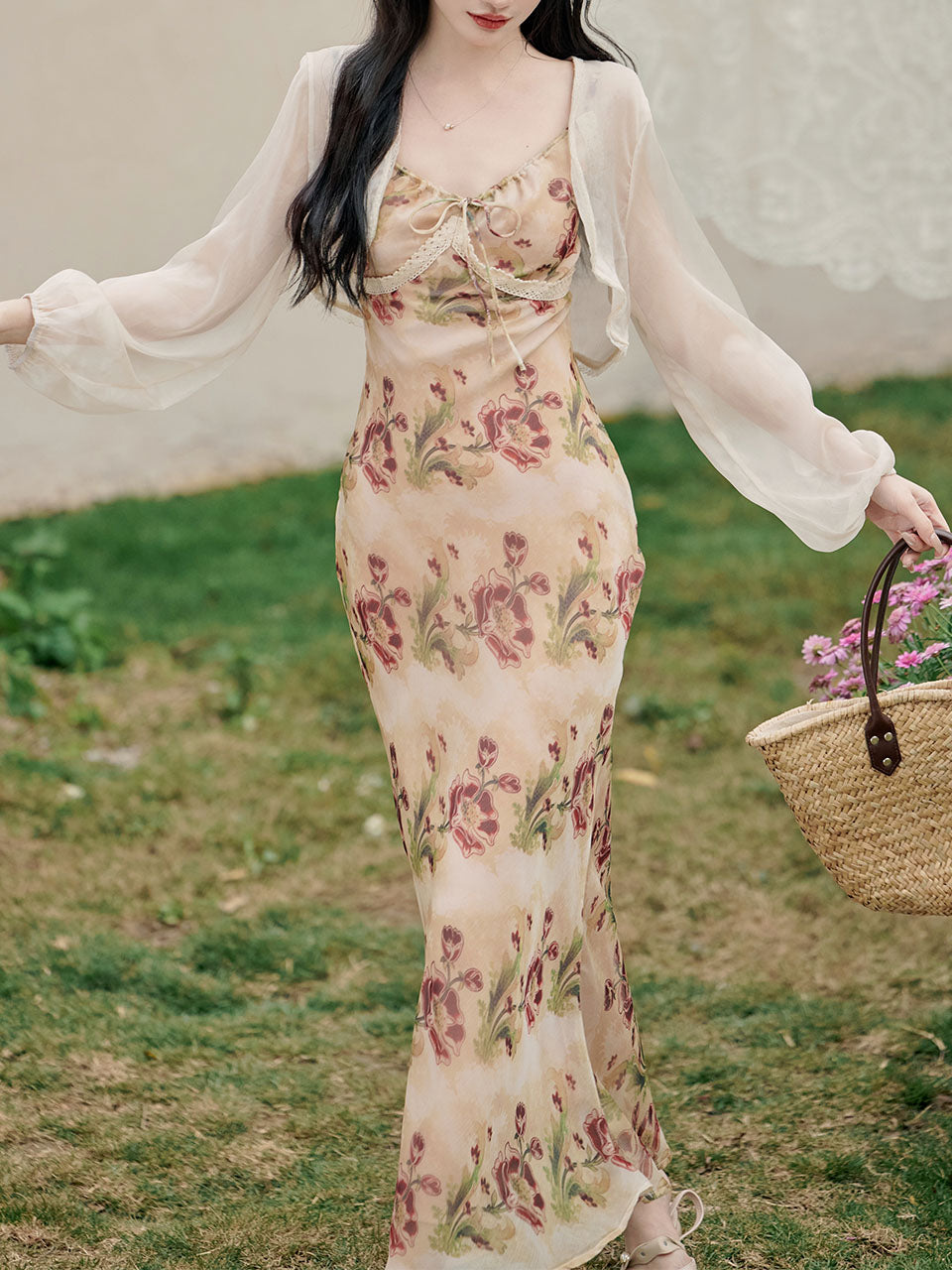 2PS Brown Spaghetti Strap Tropical Pattern Holiday Dress With White Long Sleeve Cardigan