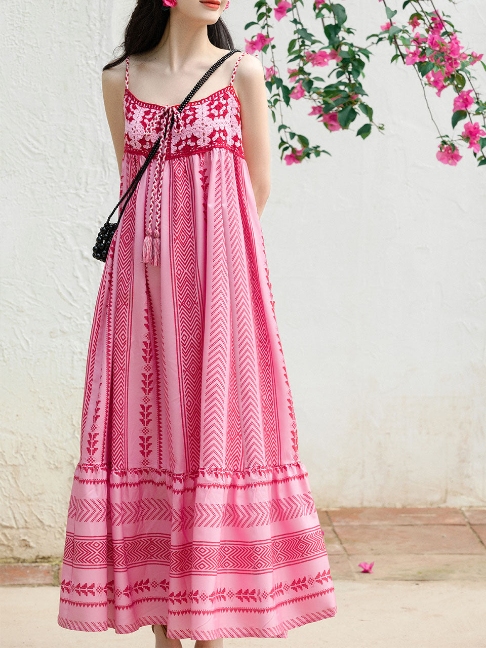 2PS Pink Spaghetti Strap Tropical Pattern Holiday Dress With White Long Sleeve Cardigan