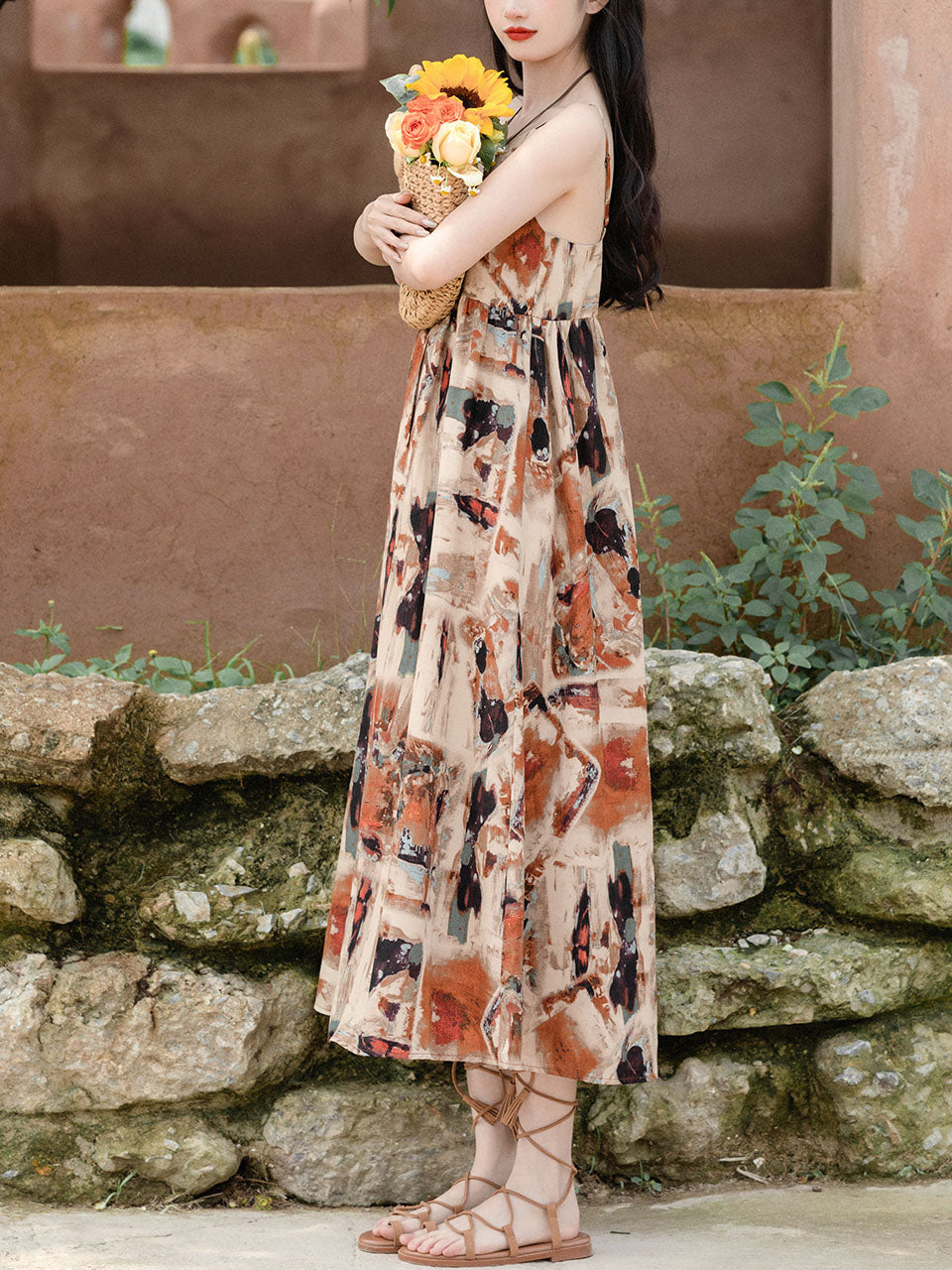 2PS Brown Spaghetti Strap Tropical Pattern Holiday Dress With White Long Sleeve Cardigan