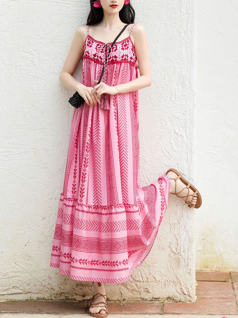 2PS Pink Spaghetti Strap Tropical Pattern Holiday Dress With White Long Sleeve Cardigan