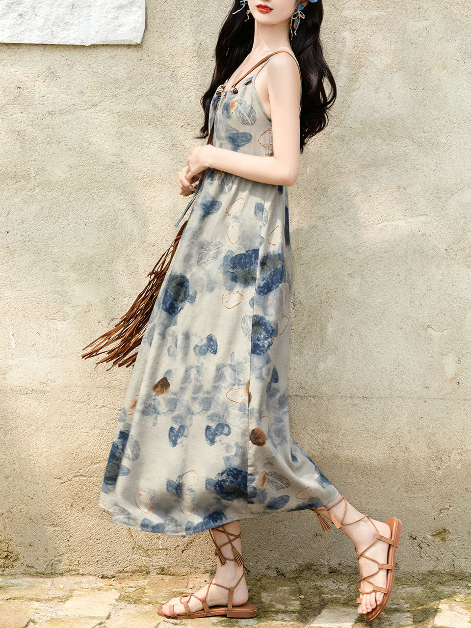 2PS Blue Spaghetti Strap Tropical Pattern Holiday Dress With White Long Sleeve Cardigan