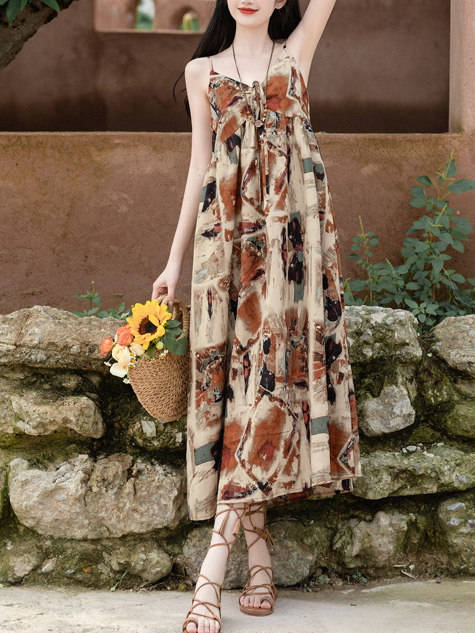 2PS Brown Spaghetti Strap Tropical Pattern Holiday Dress With White Long Sleeve Cardigan