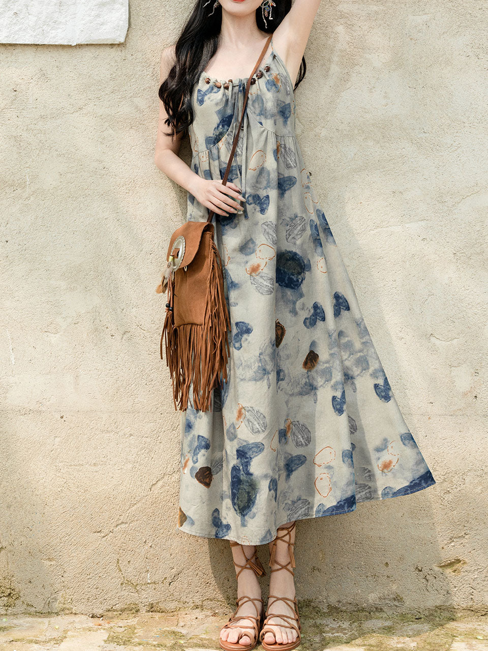 2PS Blue Spaghetti Strap Tropical Pattern Holiday Dress With White Long Sleeve Cardigan
